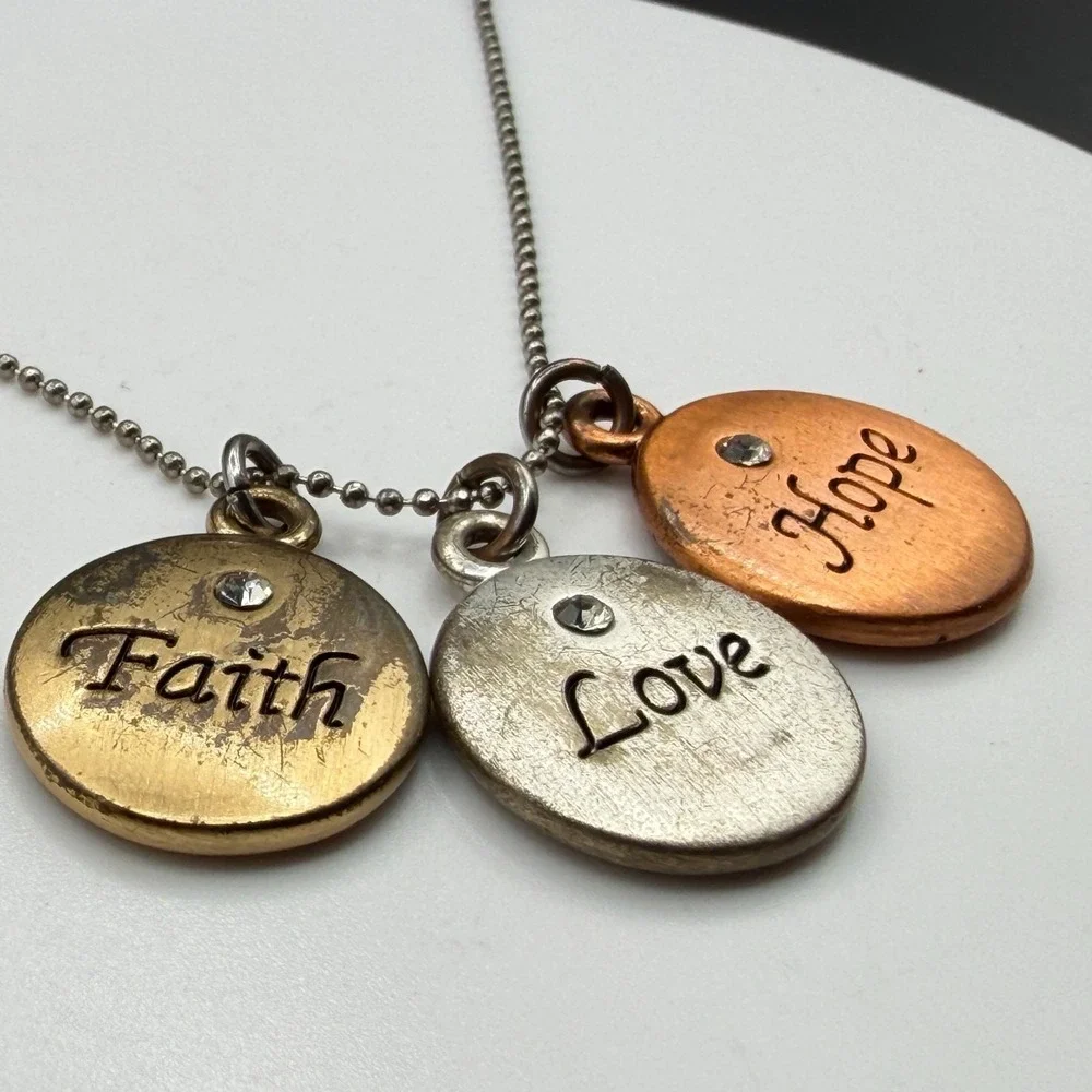 Faith Love Hope Rhinestone Charm Pendant Necklace Mixed Metal Inspirational Gift